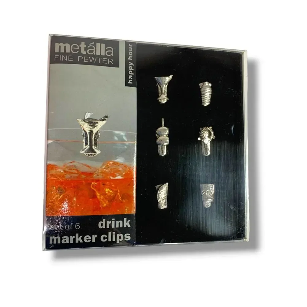 Prodyne Metalla Fine Pewter Drink Markers Set of 6 Wine Charms New